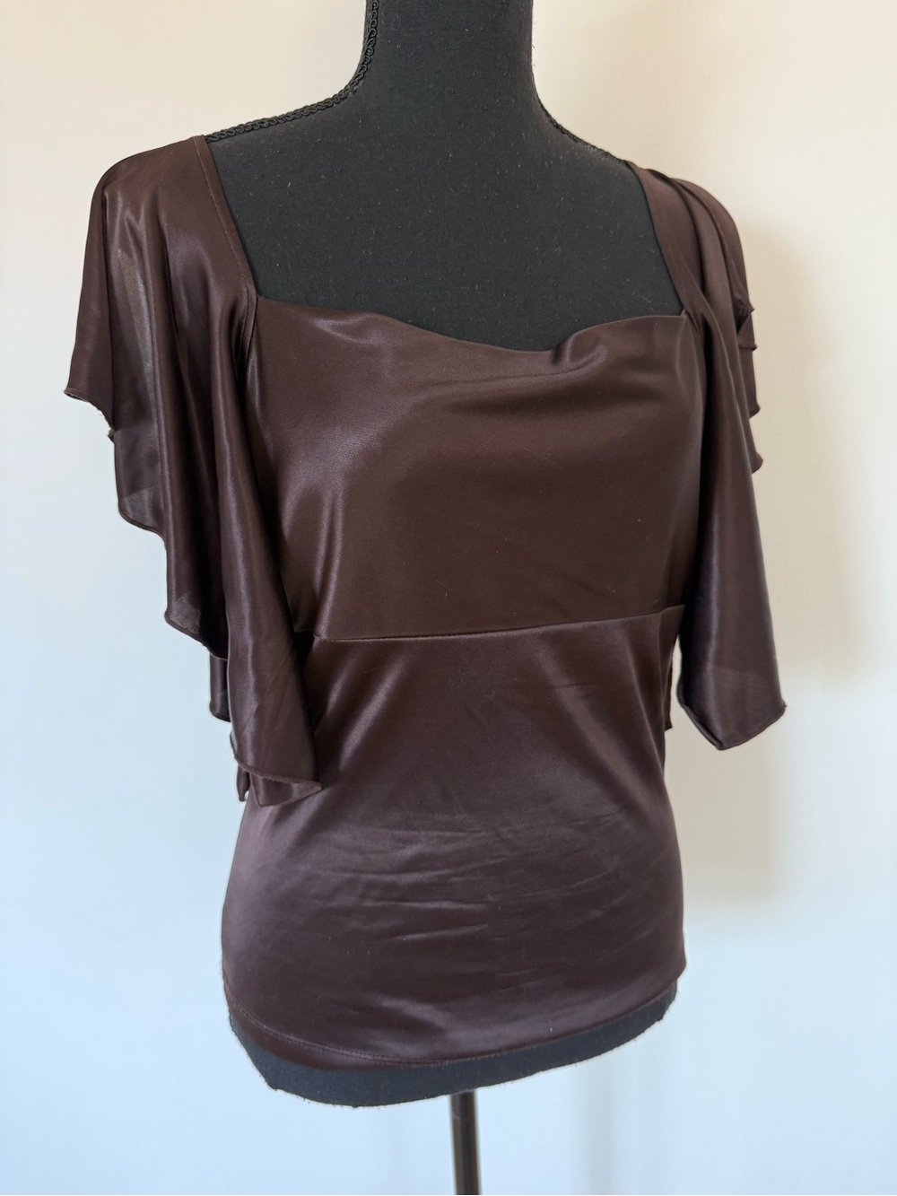 Women’s Brown Satin Square-Neck Flutter Sleeve Top vintage size M